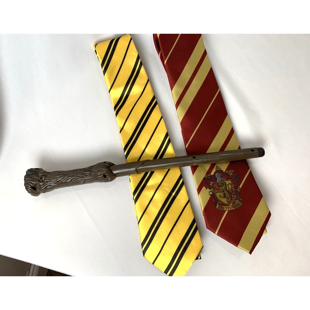 Harry Potter Tie Set of 2 + Wand - WORKS! Light & Sound Gryffindor Hufflepuff